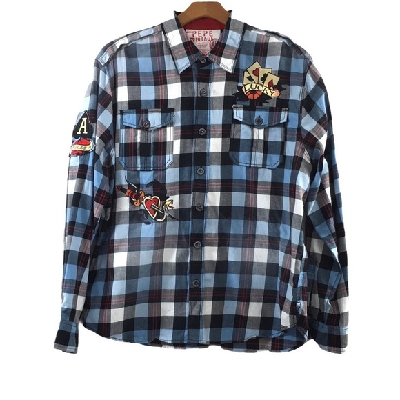 Pepe Vintage Classic‎ Button Up Shirt Blue Plaid - Picture 1 of 10